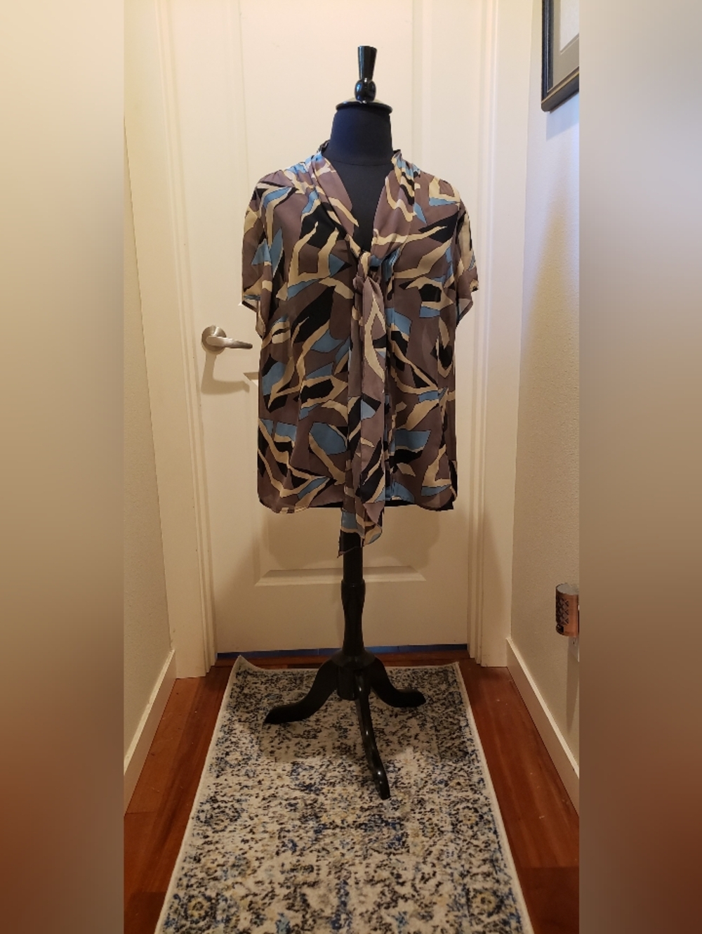 Jones New York Abstract Tie-Neck Short Sleeve Blouse - Blue, Brown, Cream
